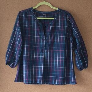 Eddie Bauer Y2K Women’s Plaid Cotton Blend Casual Shirt L Blue Pink Puff Sleeve